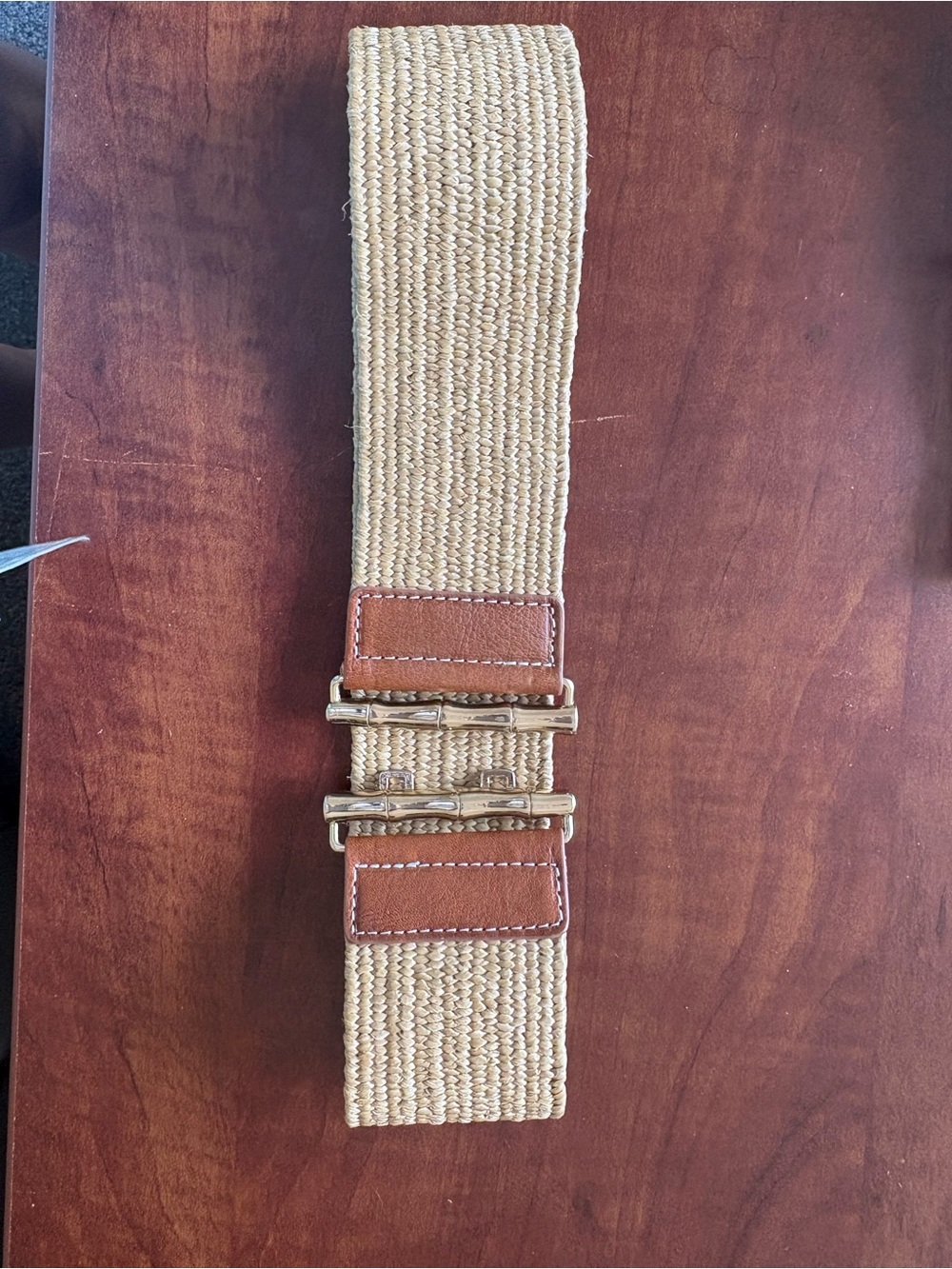 Women Woven Elastic Stretch Belt with Tan Leather and Gold Accents